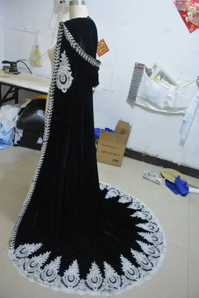 Dark Green Velvet Bridal Cape with Hood - close-up view