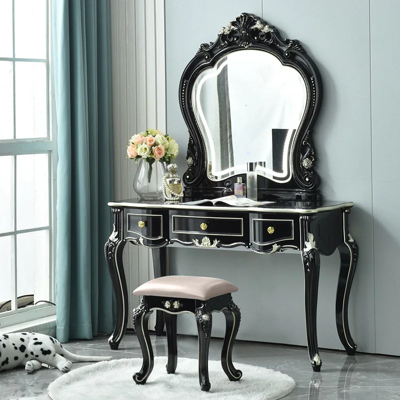 

Design Modern Dressing Table Drawer Jewelry High End Vanity Dressing Table Bedroom Mirror Pentiadeira European Furniture Black