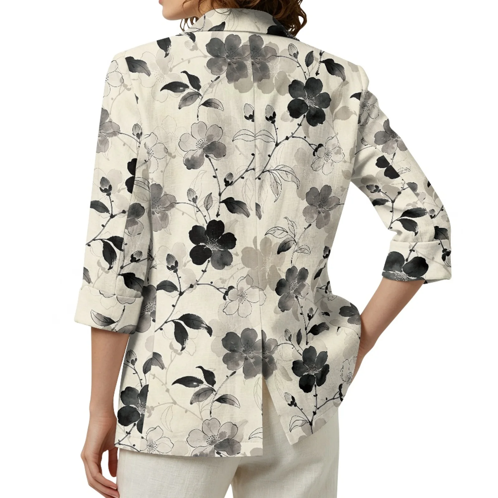 PENSTROLL Lightweight Linen Style Business Jacket 3/4 Sleeve Open Front Blouse for Daily Wear Flowers Print