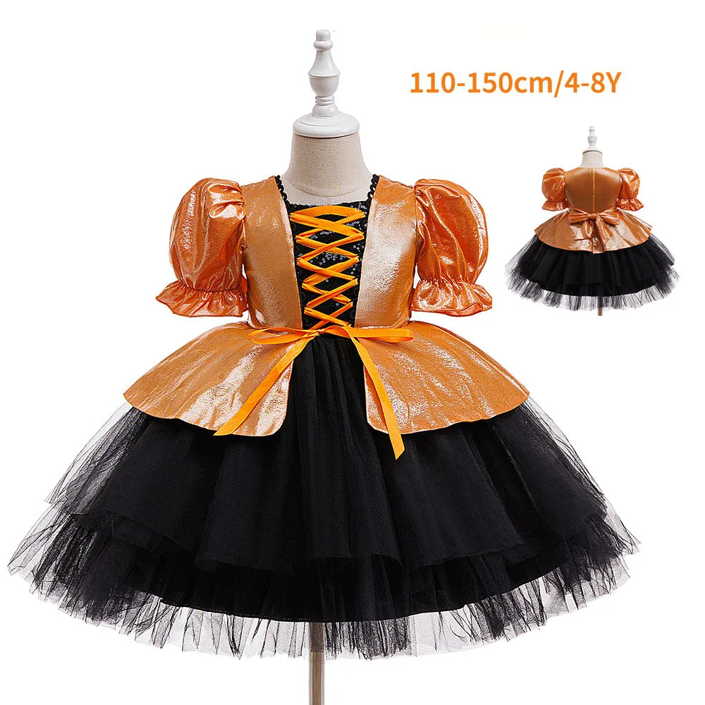

Girl Halloween Costume Spider Mesh Children Vampire Clothes Orange Splicing Witch Horror Theme Party Performance Girl Dresses