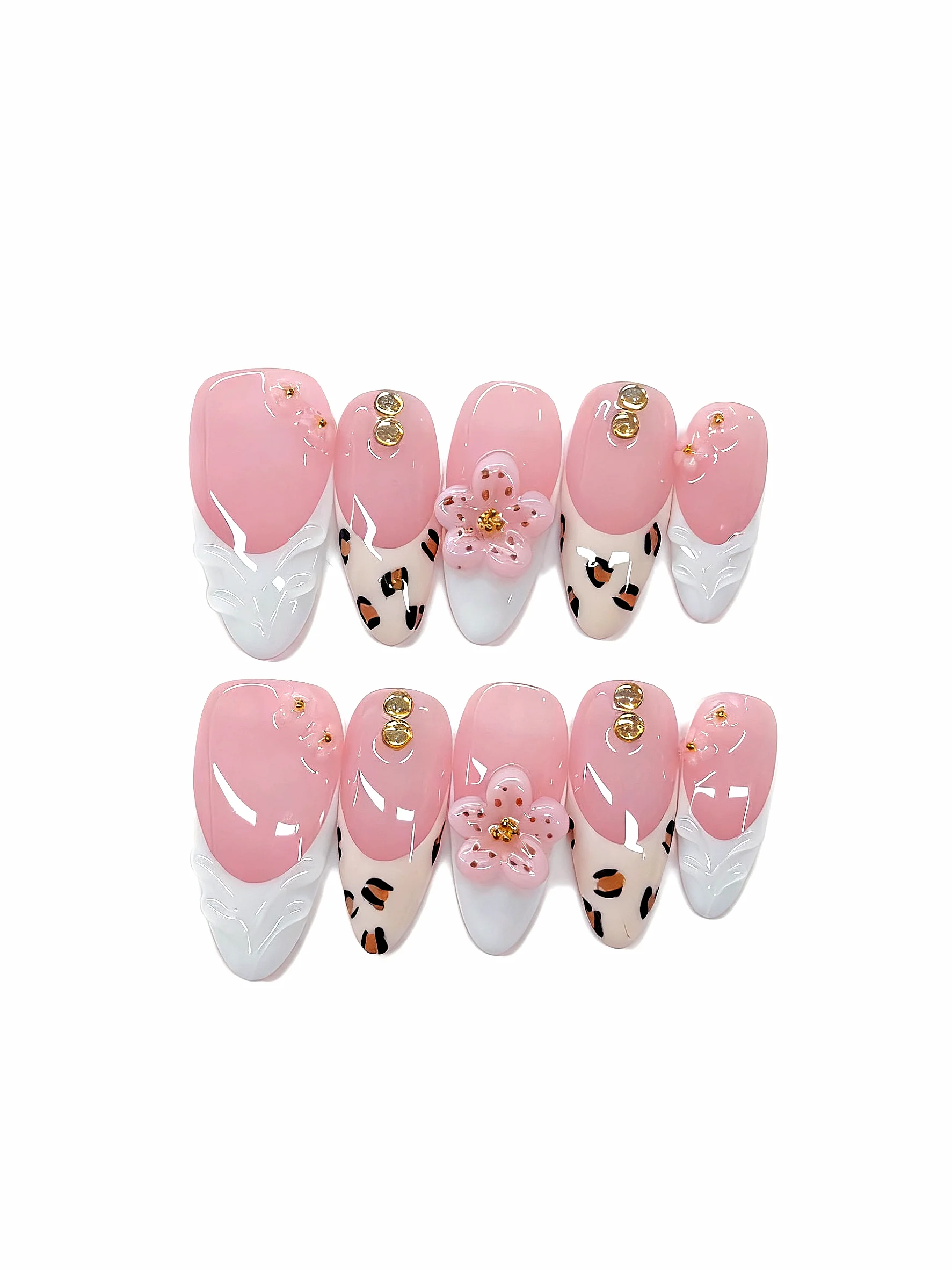 

Girly Leopard Press on Nails - Pink, White & 3D Floral Design（D524）