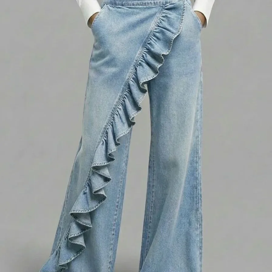 Retro Asymmetrical High Waist Straight Leg Jeans Summer 2026 Cross-Border Best-Selling Blue Denim Trousers for Teen Girls