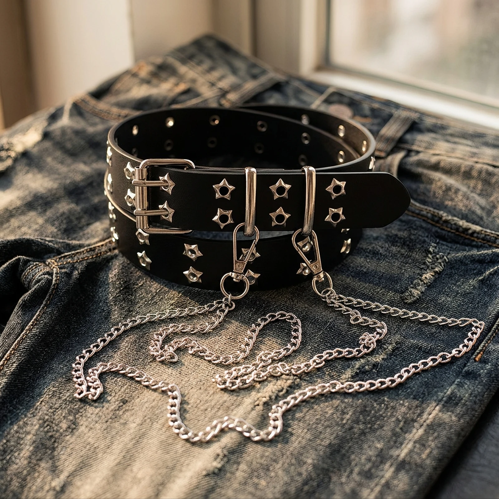 Studded Belt with Chain Adjustable Punk Belt with Chain Replacement Y2K-Inspired for Concerts, Everyday Wear