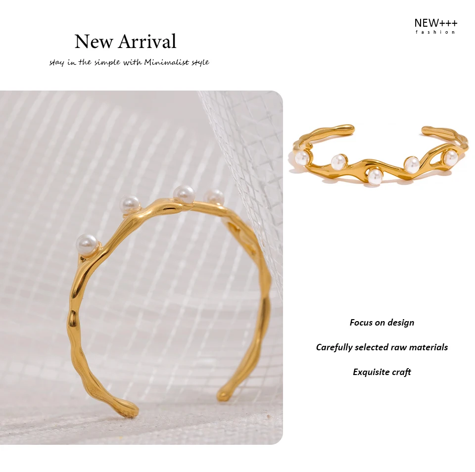Yhpup Elegante Imitation Perlen Gold Farbe Edelstahl Twist Manschette Armband Armreif Wasserdicht Charme Schmuck für Frauen Geschenk – Detail 4