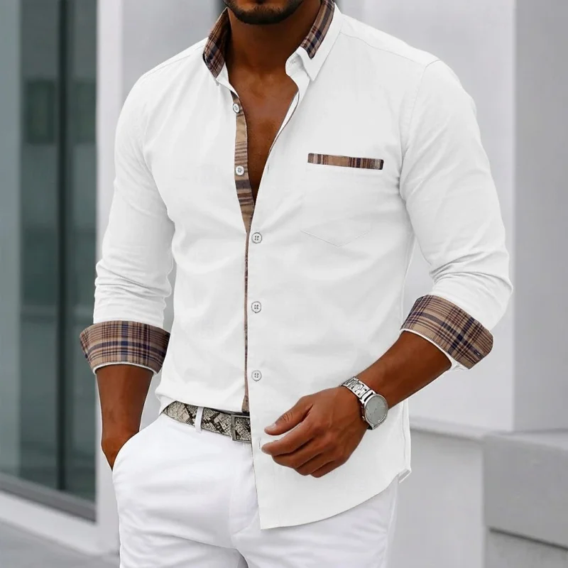 Men's high-quality solid color long sleeved shirt with checkered contrasting collar shirt, business casual trendy shirt XS-6XL