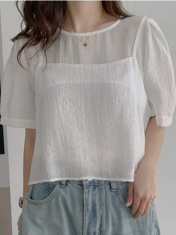 

Ele Unique Women's Micro-Transparent Tank Top And Vest Two-Piece Set irt Casual Summer Faion Bubble Sve round Ne