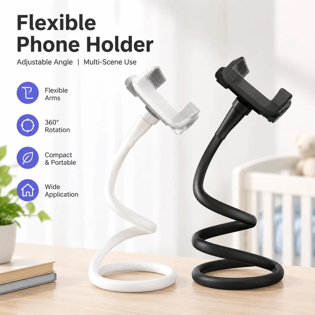 Flexible Rotating Baby Monitor Stand Phone Holder Camera Mount with Clamp Silicone Rod for Desk Bedside Office Home Black White