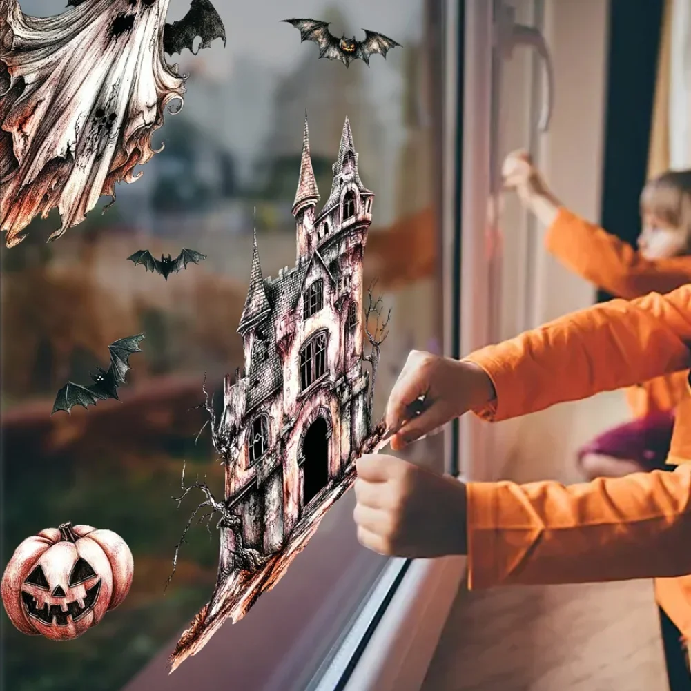 9 Sheets Double Sided Halloween Window Clings Featuring Skeletons and Pumpkins PVC Stickers for Windows Mirrors Glass Surfaces