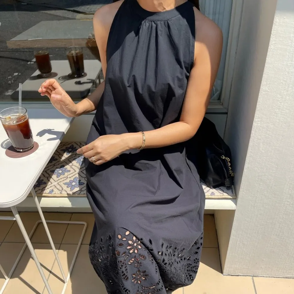 100% puro cotone vintage lungo vestito dal carro armato delle donne di estate halter pizzo orlo cavo senza maniche allentato a-line vestito estivo femminile 2025
