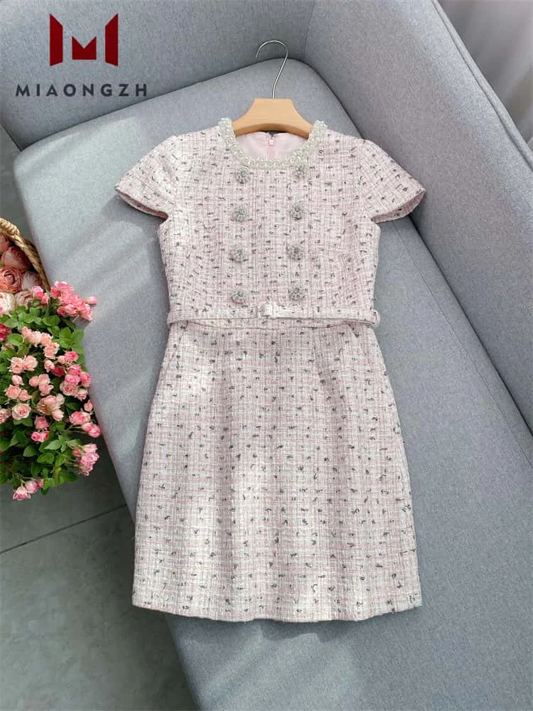 

High Quality Beaded Diamonds O Neck Elegant Tweed Dress For Women Short Sleeve Slimming Female Fashion Party Dresses Luxury 2025