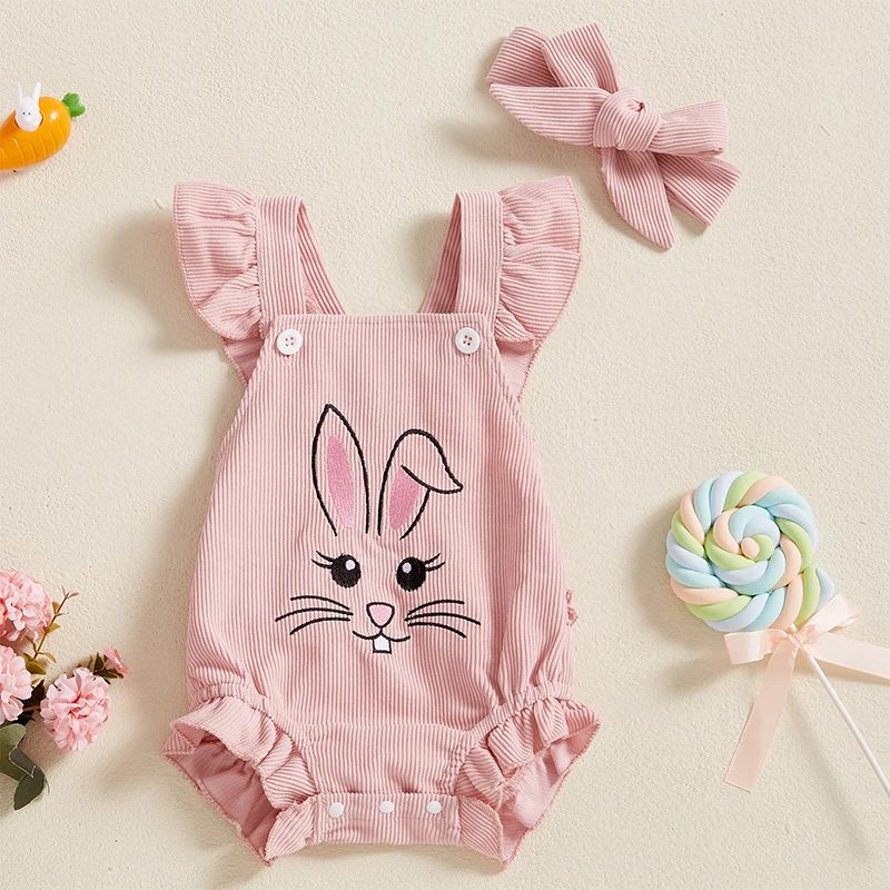 Newborn Girl Outfit Embroidery Rabbit Fly Sleeve Romper with Hairband Clothes for Casual Daily