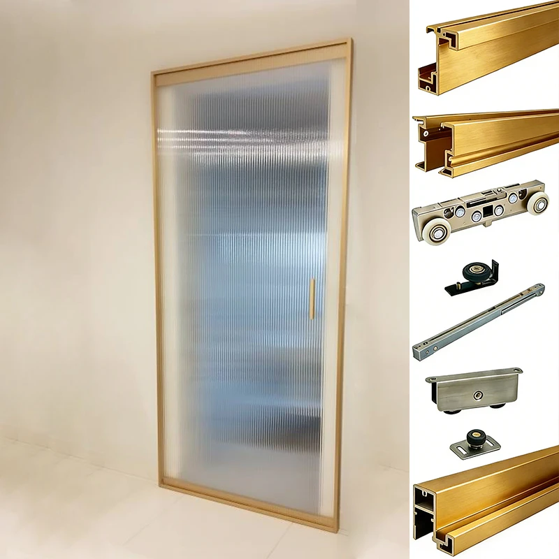 Gold aluminum frame interior door, mirror hidden door accessories, no track sliding door