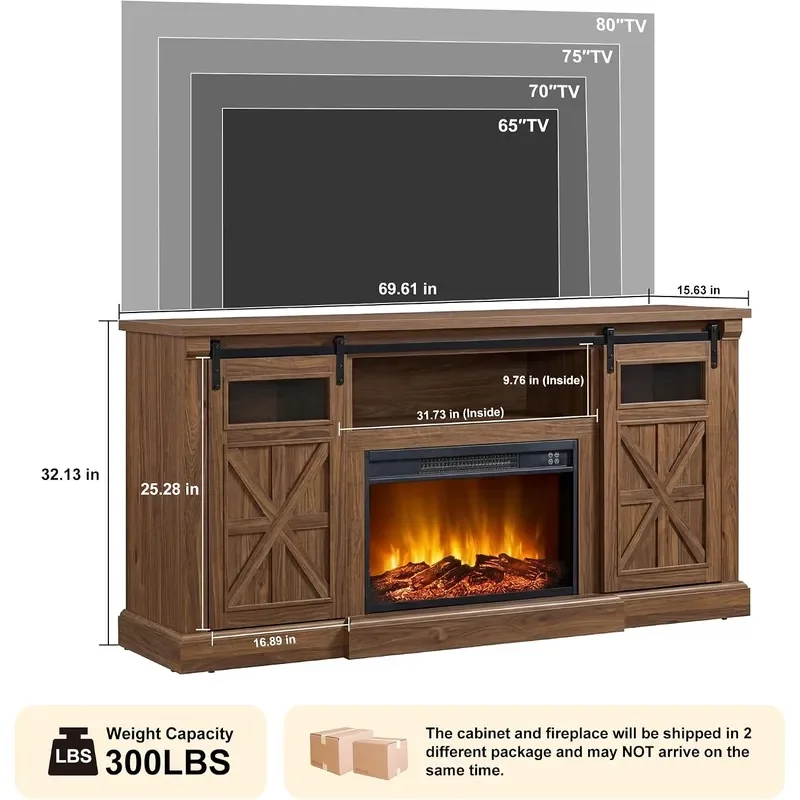 TV Stand for up to 80 Inch TVs 32 Tall LED Entertainment Center with Electric Fireplace Farmhouse TV Console Table