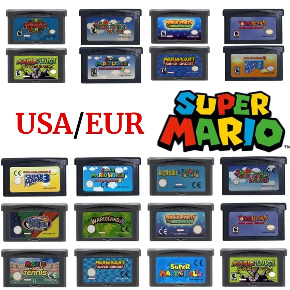 Cartuchos de Jogos Mario GBA Versão EUR EUA Cartucho de Jogo GBA 32 Bits Série de Cartuchos de Videogame Super Wario Land4