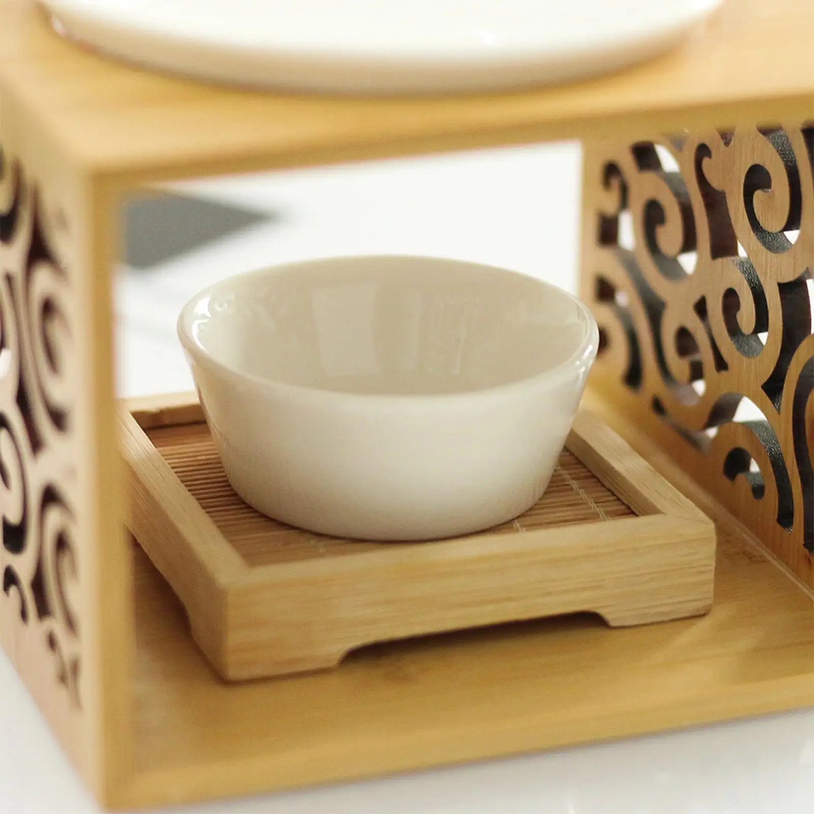 Wooden Tealight Candle Holder Ceramic Wax Warmer Diffuser for Yoga Spa Bedroom Home Decor