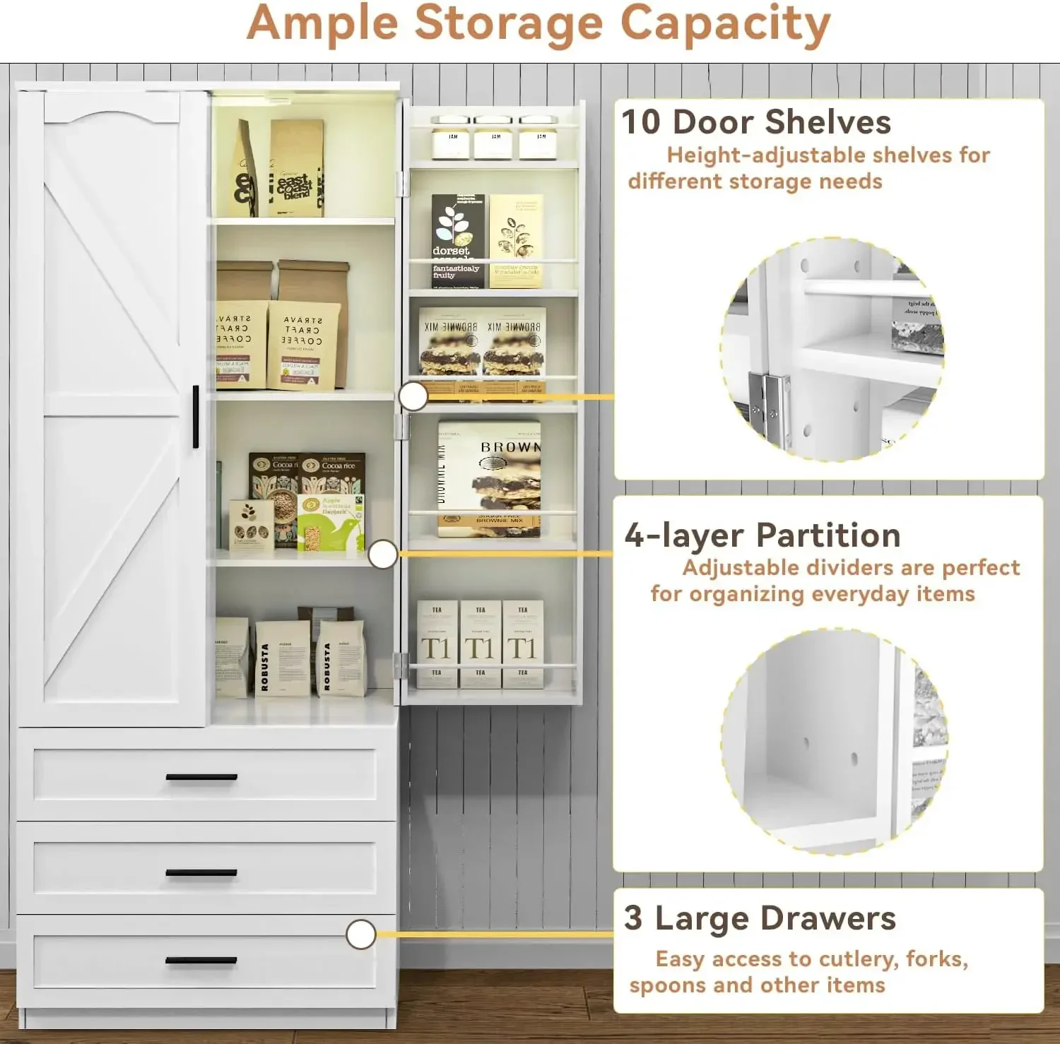 [أفضل بائع، اشترِ الآن! ]خزانة مخزن المطبخ LED الممتازة مقاس 72 بوصة مع 3 أدراج، خزانة تخزين طويلة للمزرعة، مخزن طعام خشبي