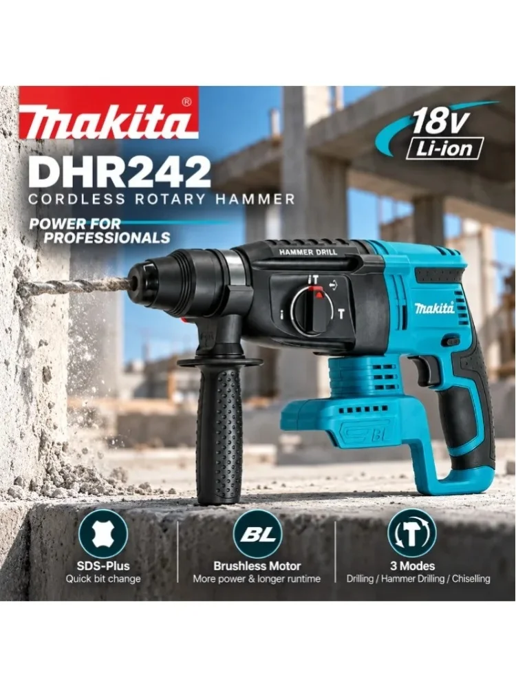 Makita DHR242 18V LXT – profesjonalna, akumulatorowa wiertarko-wkrętarka z funkcją młotkowania, bezszczotkowa, z końcówką SDS Plus 24 mm do wiercenia w betonie, 4700 uderzeń na minutę, 2,0 J, 3 tryby — 2