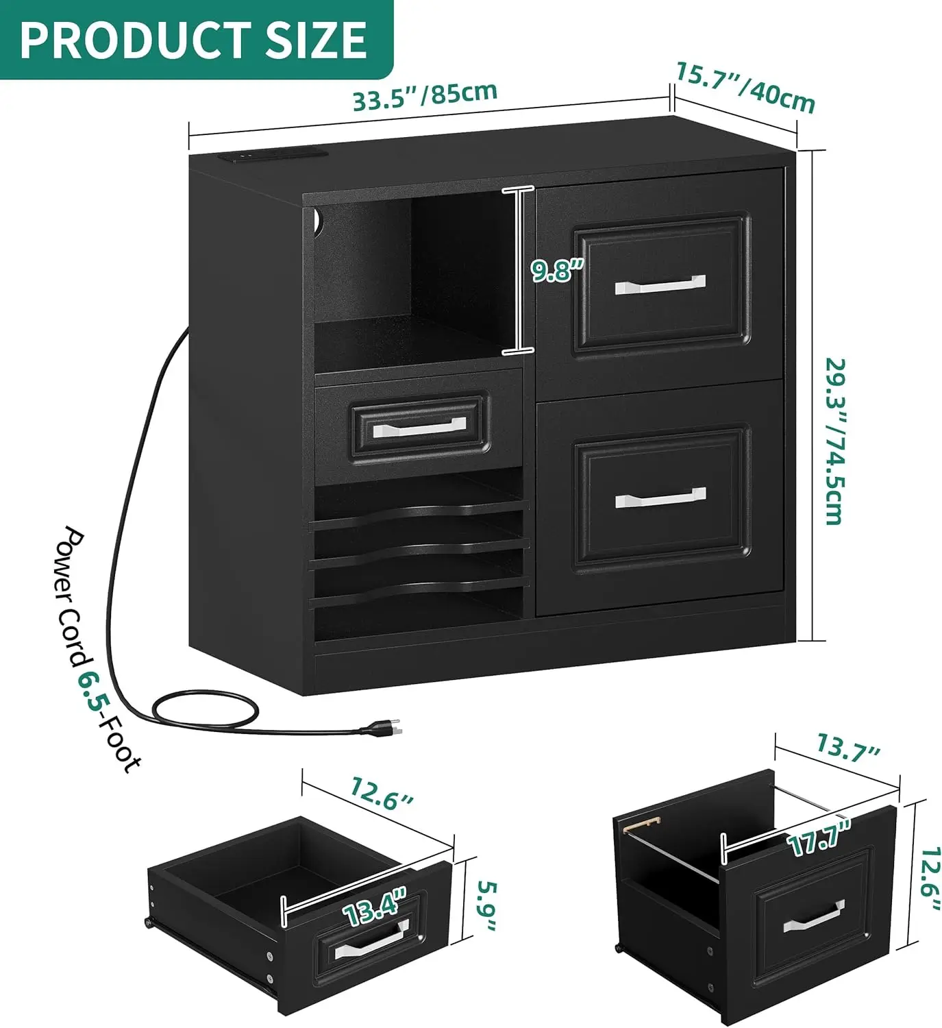 3 Drawer File Cabinet, Filing Cabinet with Charging Station, Printer Stand with Open Storage Shelves, Fits for A4, Letter