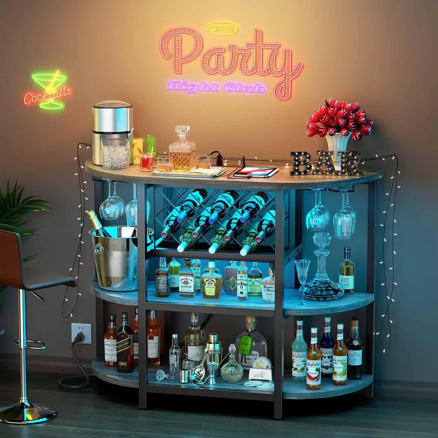 Bar Table Cabinet com Power Outlet, LED Home Mini Cabinet para Liquor, Metal Wine Bar Stand com armazenamento de 4 camadas, fácil de montar