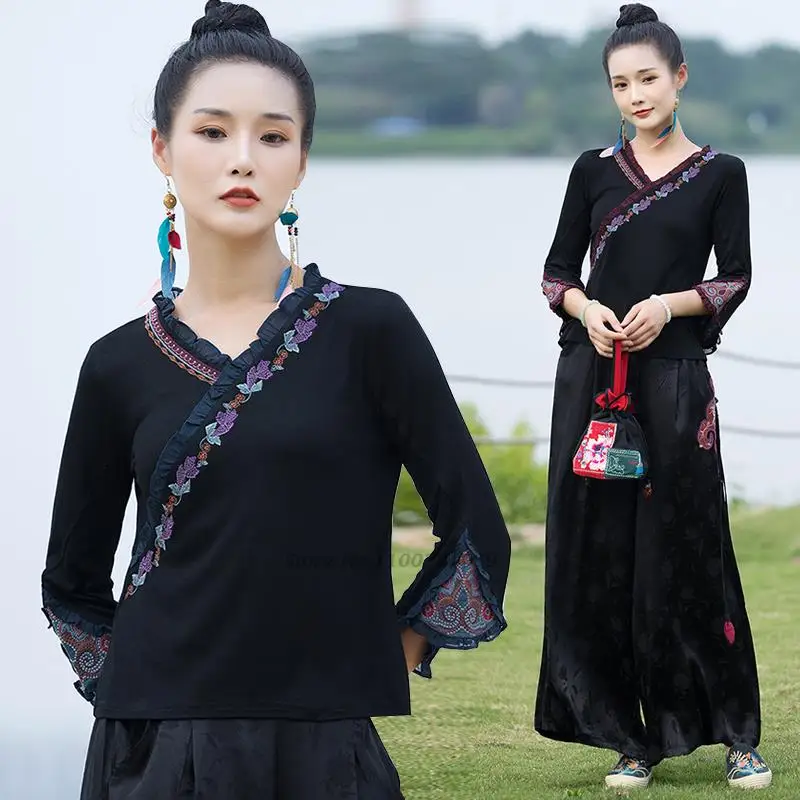 

2025 woman chinese vintage shirt hanfu tops folk cheongsam flower embroidery vintage clothing oriental tang suit chinese shirt