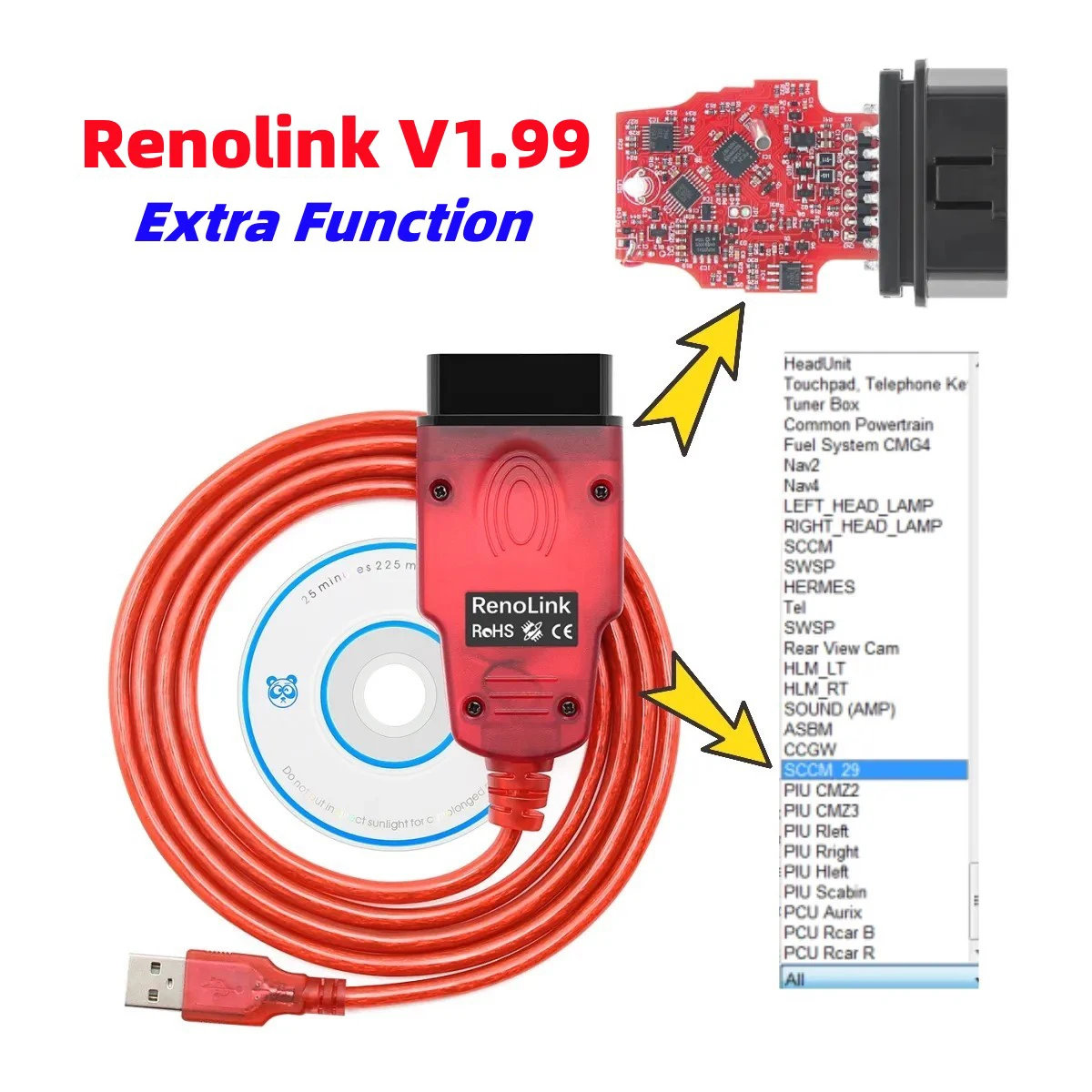 Renolink V1.99 V1.98 OBD2 Diagnostic Interface For Renault D-acia ECU Programmer Resetting Key Coding UCH Match Dashboard Tool