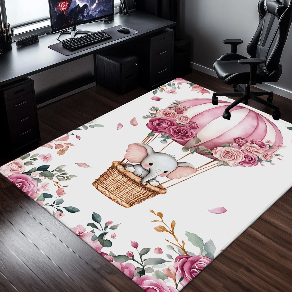 

Crystal Velvet Rug Baby Elephant Hot Air Balloon Pink Rose Pattern Nursery Room Carpet Soft Cute Animal Theme Floor Mat