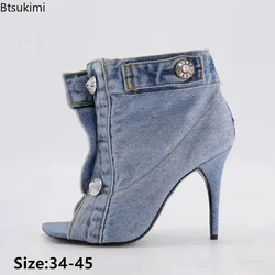 2026Women's Summer Sexy Thin Heels Sandals Super High Heels Peep Toe Sandals Female Denim Button Design Summer Ankle Boots 34-45