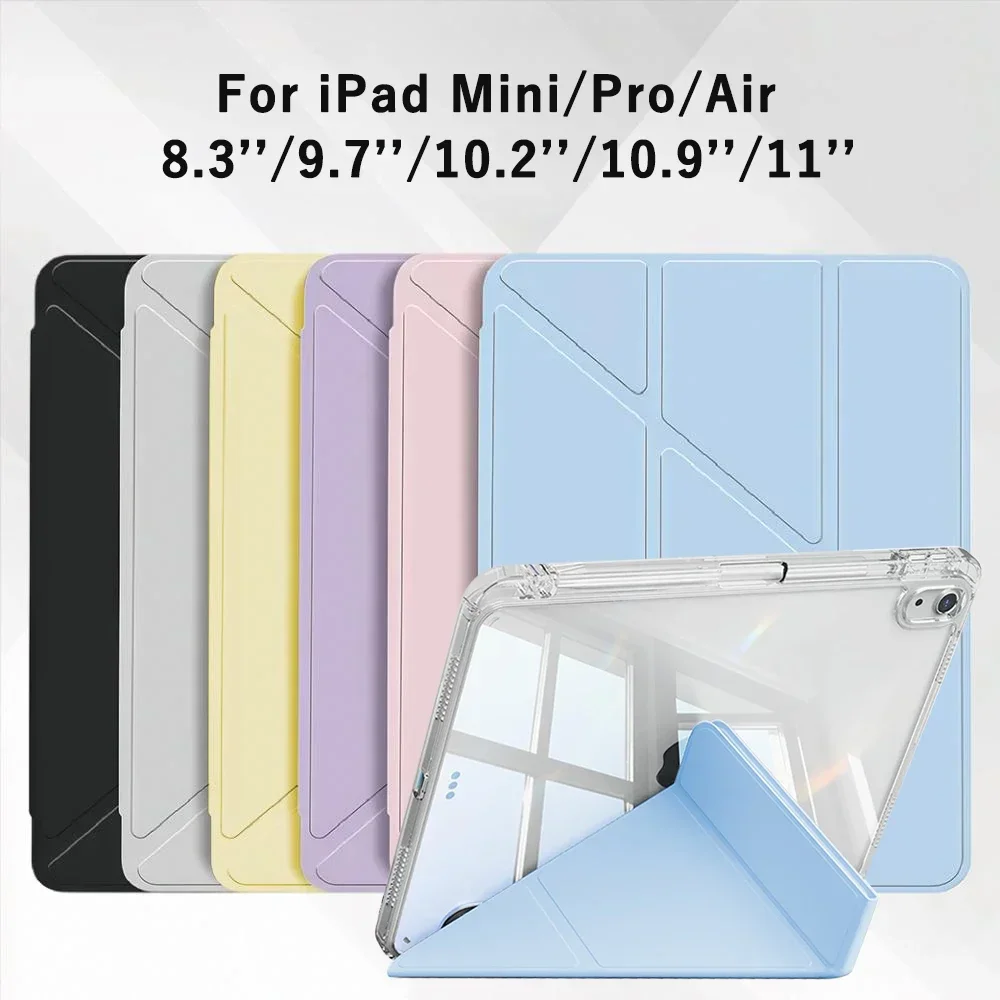 3+Y-fold Flip Clear Cover For iPad Air 4 5 6 7 11 For Air 2 9.7 Pro 11 Mini 6 7 Start Case For 10th 11th Gen 2025 7/8/9 10.2