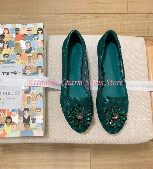 New Round Toe Crystal Flower Decor Lady Flat Shoes Fashion Lace Rhinestone Slip-on Casual Shoes Woman Dress Office Shoes