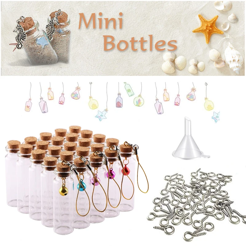 5-10pcs Small Mini Glass Bottles Jars with Cork Stoppers, 100pcs Eye Screws and 1pcs Small Funnels DIY Jewelry Making