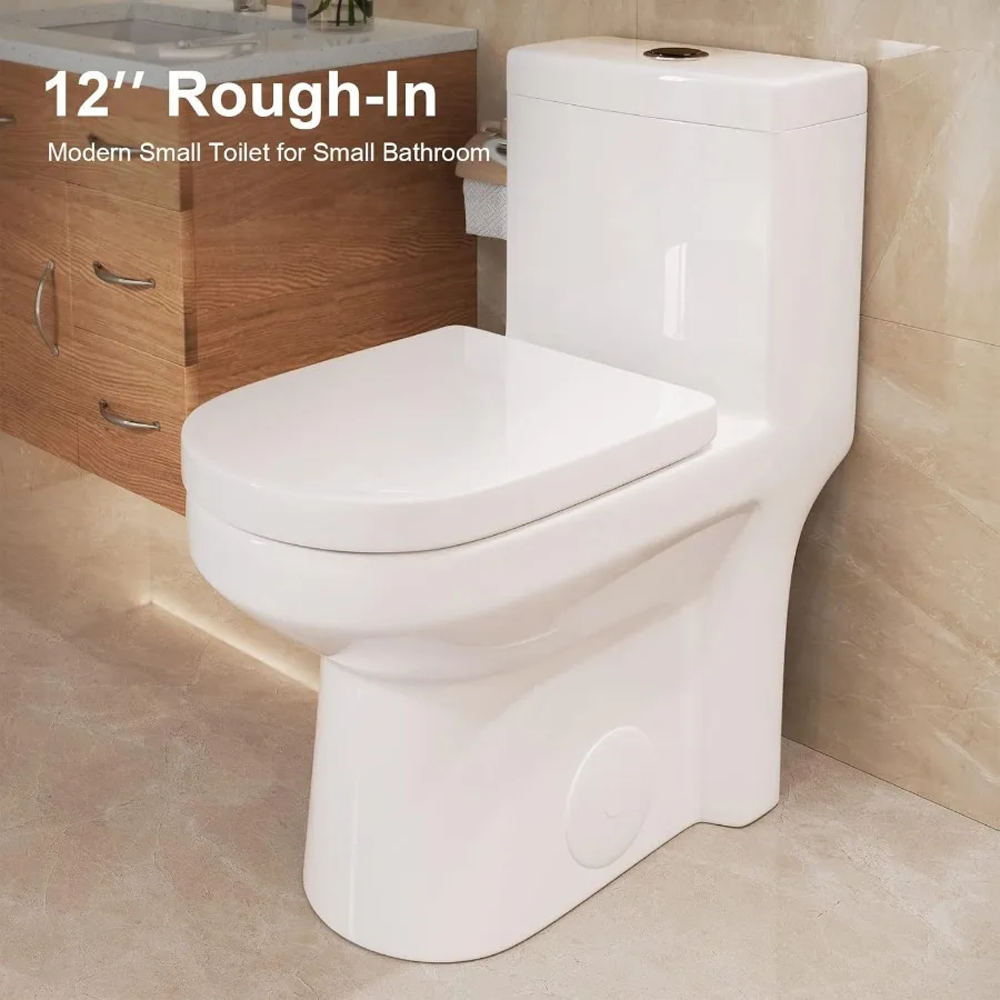 Small Compact One Piece Toilet For Bathroom, Powerful & Quiet Dual Flush Modern Toilet, 12'' Rough-In Toilet Soft Closing Seat