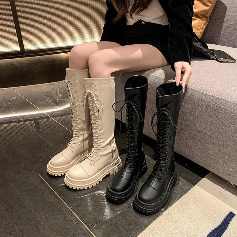 

Новые осенние стильные ботинки на одинарном каблуке с круглым носком и шнуровкой спереди, нескользящие износостойкие высокие сапоги на толстой подошве