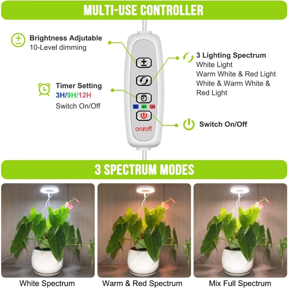 48 LEDs Full Spectrum Grow Lights for Indoor Plants, Adjustable Height with Timer & Brightness Control, 5 Pack