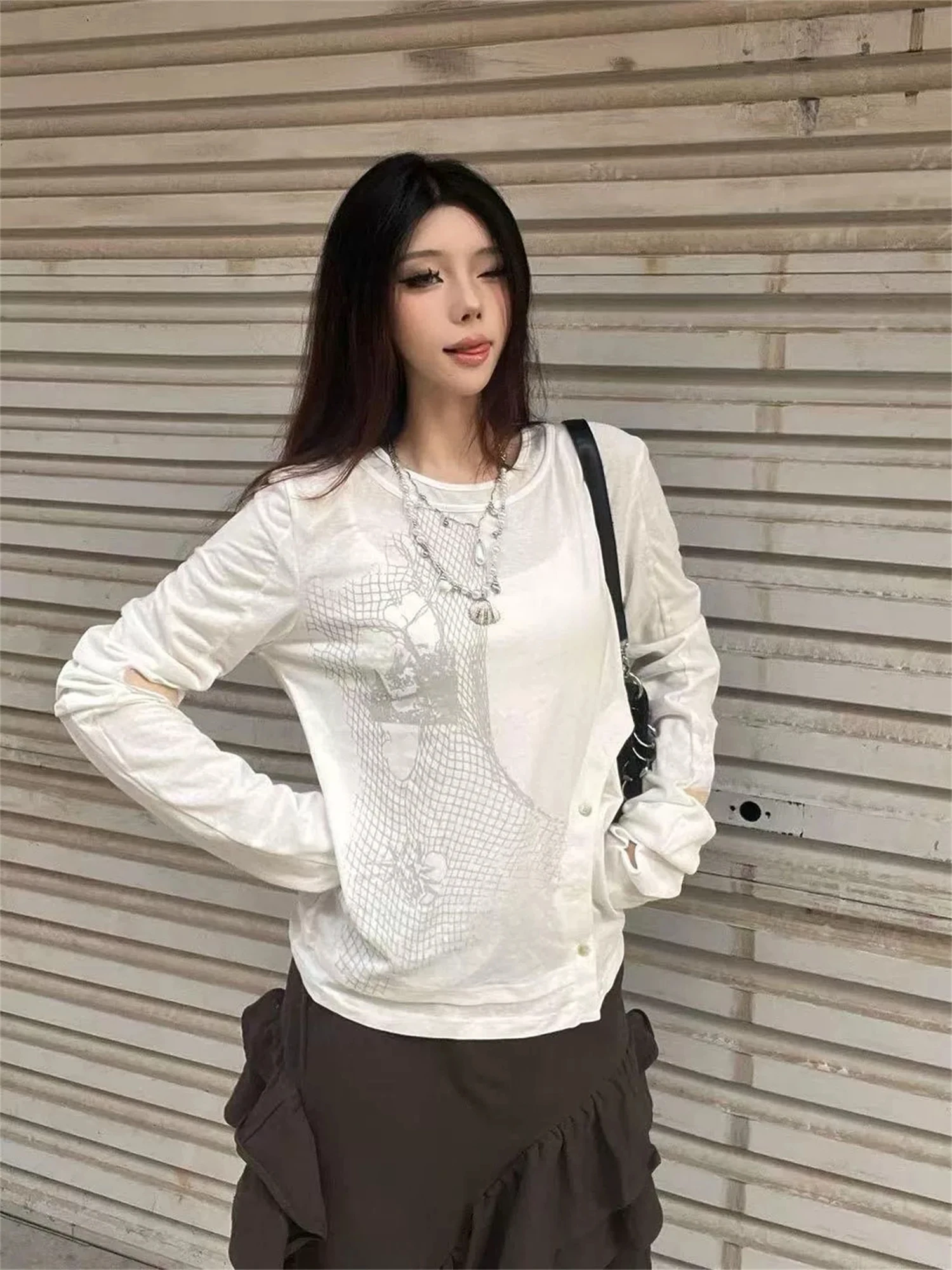 Y2K Grunge White Mesh Grid Print Long Sleeve Top Women Cut Out Elbow Button Side Oversized Casual Streetwear Ladies Tee