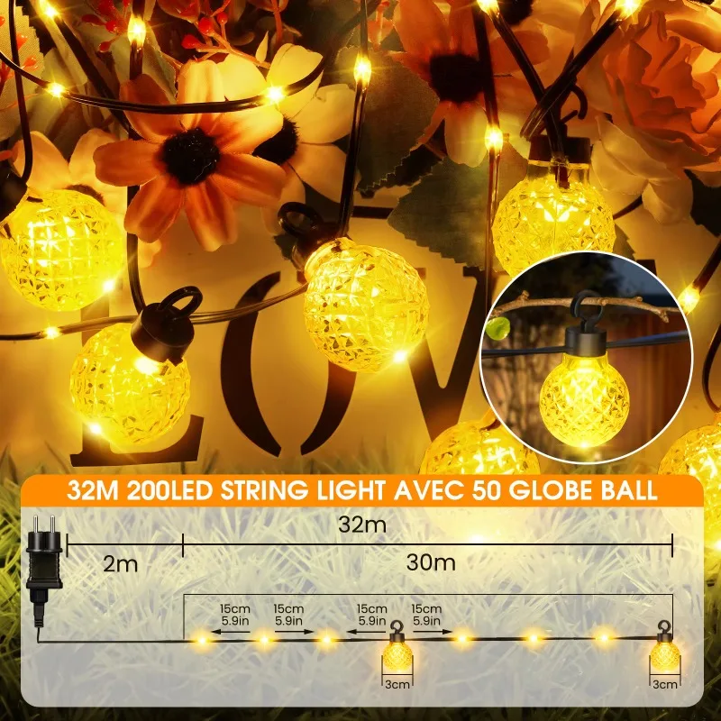 Retro LED Street Garland G40 String Lamp IP44 Waterproof Ice Diamond E12 Amber Glass Outdoor Connectable Garden Decoration Bulbs