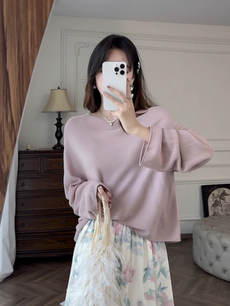 

Loose Woolen Knitted irt Row Sle Silk Wool Blend Comfortable to Wear Long Sve round Ne Pure Color Commute Sle Wome...