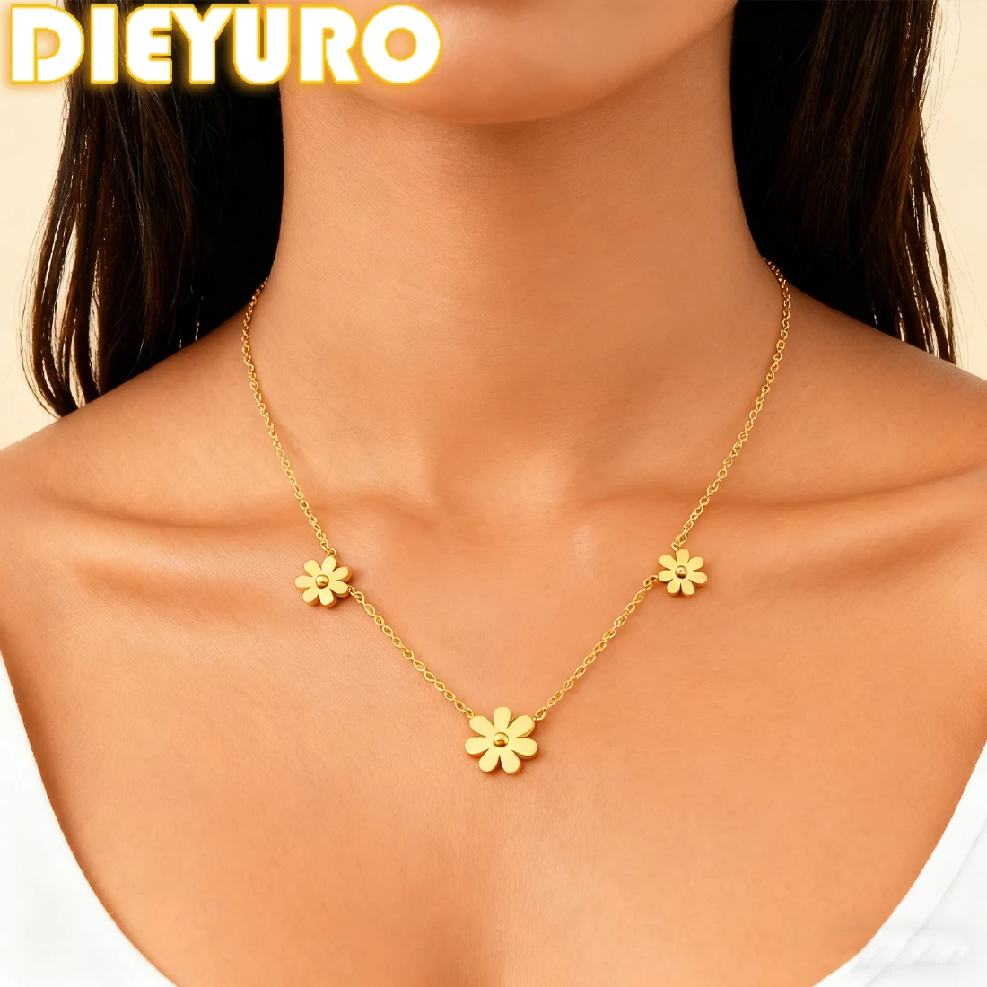 DIEYURO 316L Stainless Steel Golden Exquisite Daisy Flowers Necklace Lady Minimalist Style Trend Waterproof Neck Chain Jewelry