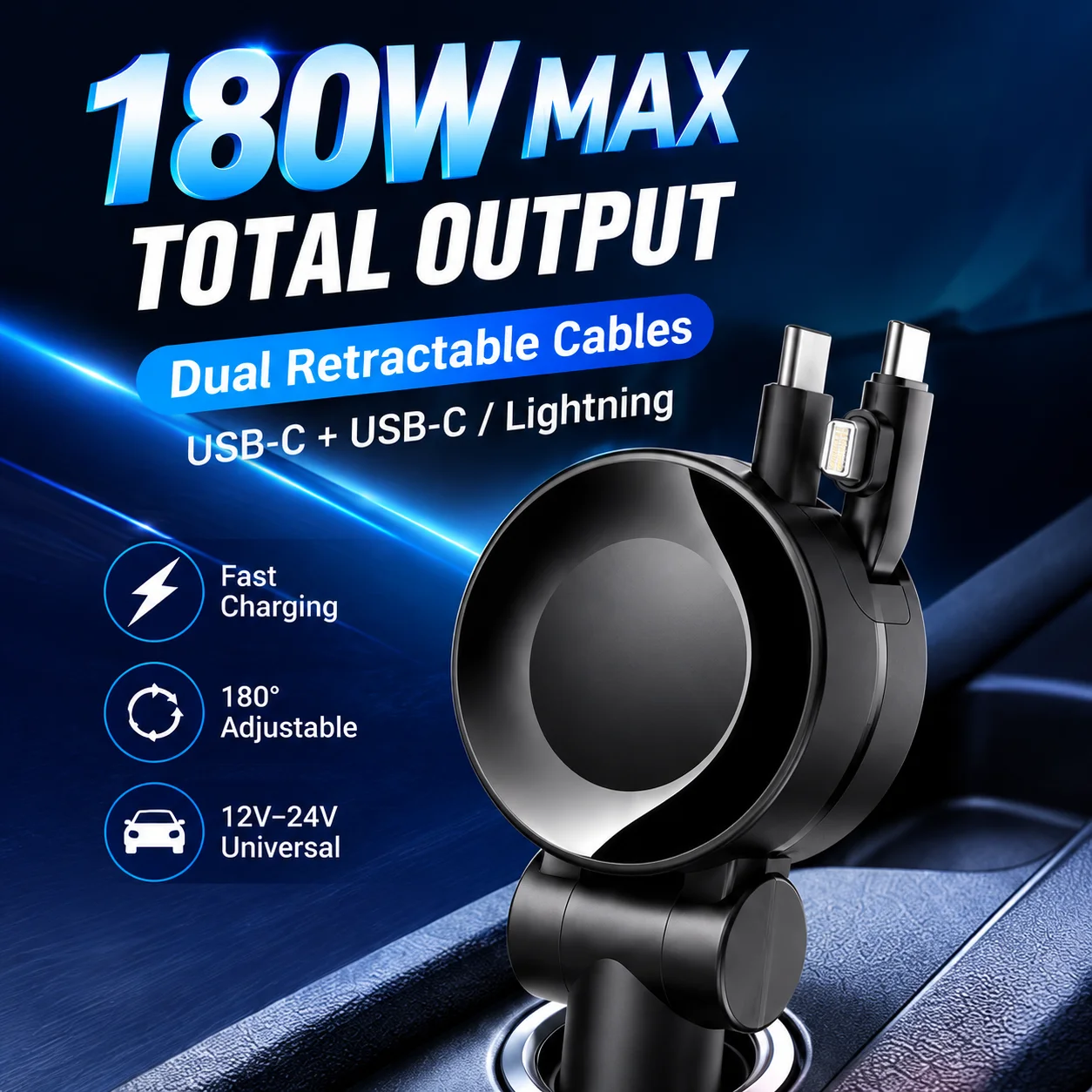 180W Car Charger Dual Retractable Cables USB C Lightning 70cm 180 Degree Adjustable 12V 24V Fast Charging