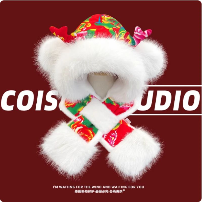 

Новый этнический пуловер с рогами и цветком, шапка, шарф, защита шеи, интегрированная Балаклава, женская зимняя теплая шапка-бомбер с защитой ушей