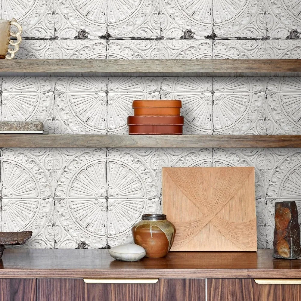 ورق جدران عتيق قابل للتقشير واللصق، 17.5 × 591 ورق حائط عتيق باللون الأبيض المتعثر، ذاتي اللصق، بلاط مربع للمنزل