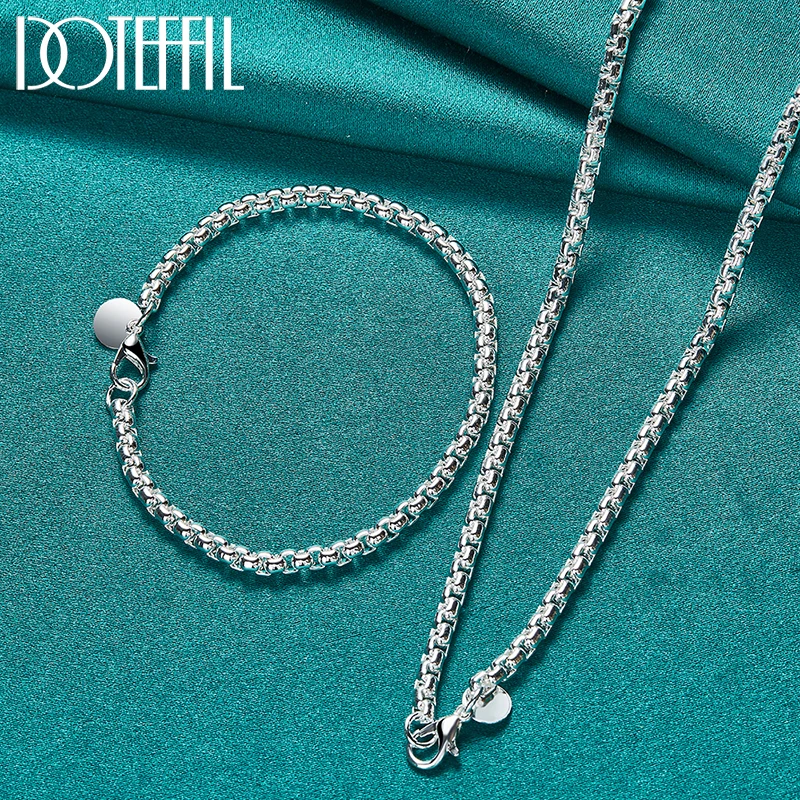 

DOTEFFIL 2pcs 925 Sterling Silver 4mm Round Box Chain Necklace Bracelet Set For Woman Man Wedding Engagement Jewelry