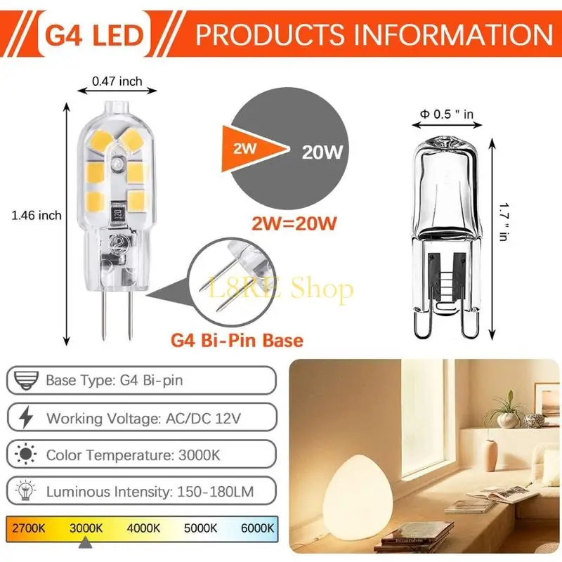 L8RE耐久性ハロゲン電球交換低エネルギー消費高光効率G4 LED電球BI-PIN 2W 3000K DC12V