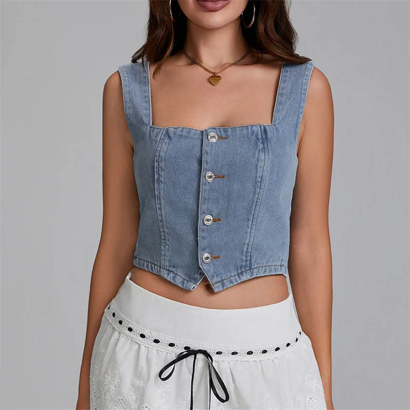 Women Fashion Denim Vest Sleeveless Boat Neck Button Down Crop Vest Jean Tank Top Slim Backless Smocking Vest Streetwear