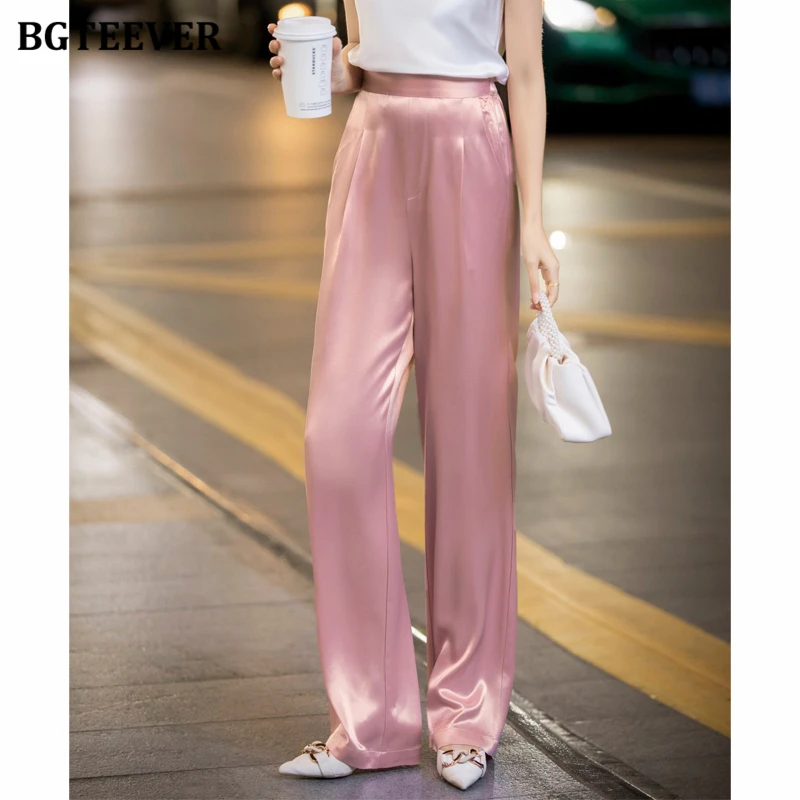 BGTEEVER Elegant Loose High Waist Satin Pants for Women Stylish Summer Long Pants Ladies Wide Leg Trousers Female