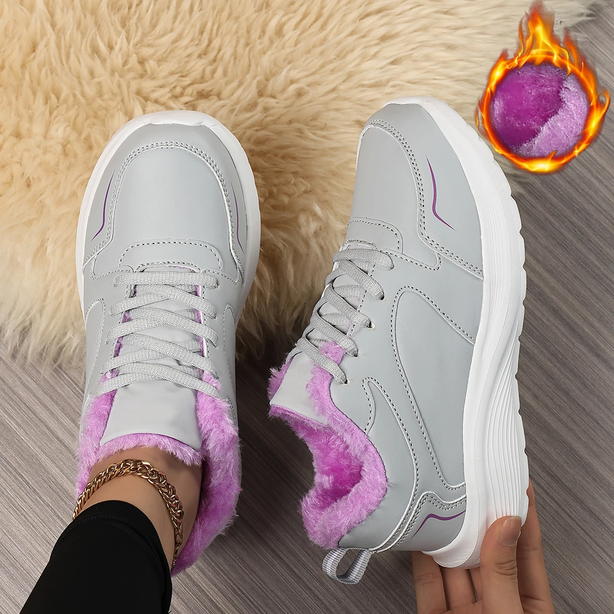 Women's Sports Shoes, Fleece-Lined and Thickened Cotton Shoes, Outdoor Running Shoes, Non-Slip, Wear-Resistant, Fashionable, Versatile, Winter Essential Casual Shoes
