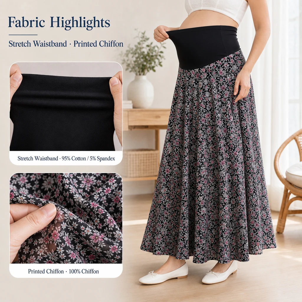 Floral Print Maternity Maxi Skirt Over Belly Support Waistband Chiffon Flowy A-Line Long Skirt for Pregnant Women
