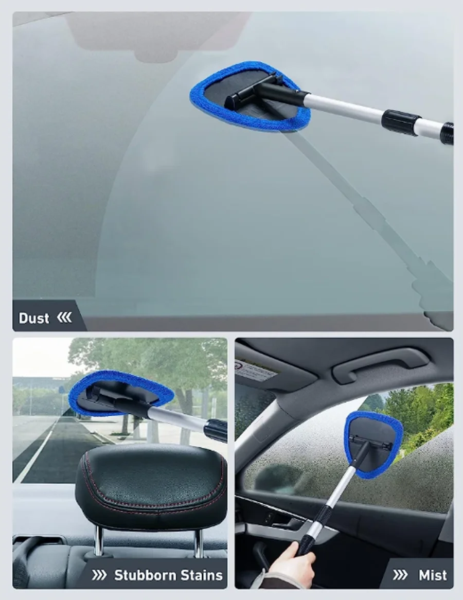 Car Window Cleaner Brush Auto Windshield Cleaner Microfiber with 4 Reusable Washable Pads Extendable Handle Car Interior Exterio