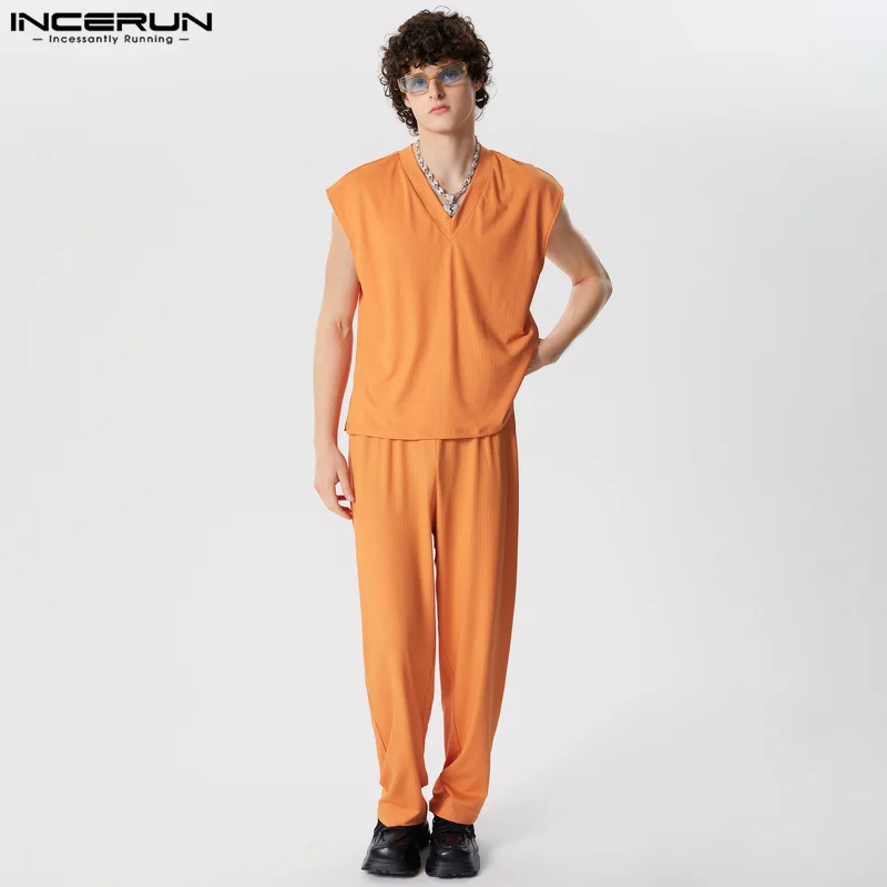 

Summer V Neck Tops Men's Sets Fashion INCERUN 2024 Loose Men Clothing 2PC Solid Long Pants Blouse T-shirt Suits Streetwear S-5XL