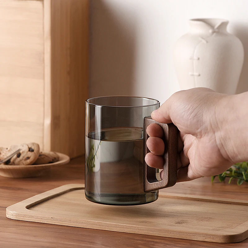 Wooden Handle Glass Coffee Mug Heat Resistant Large Capacity Drinking Water Tea Cup Set 400ml