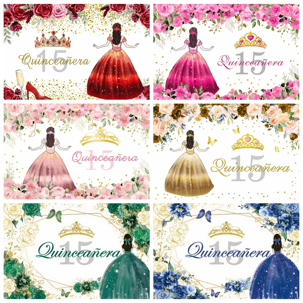 Quinceanera Sweet 15th Birthday Party Backdrop Flower Butterfly Glitter Crown Dress Princess Girls Photography Background Decor